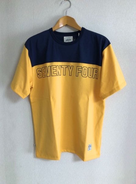 画像1: 【３０%OFF セール中】SEVENTY FOUR セブンティーフォー SHOULDER PANNEL T-SHIRT ショルダーパネル Tシャツ カットソー (イエロー×ネイビー) (1)